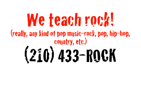 We teach rock!
(really, any kind of pop music-rock, pop, hip-hop, country, etc.) 
(210) 433-ROCK
              info@moralesacademy.com
